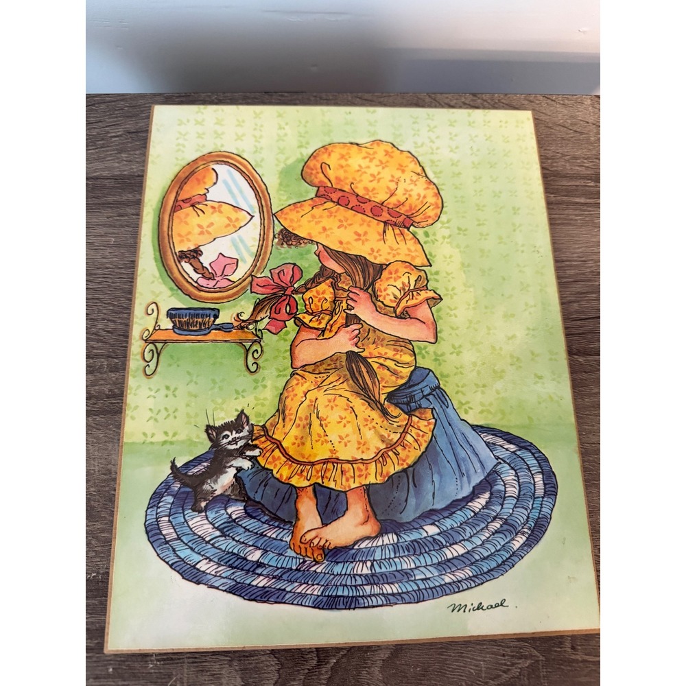 Vintage Wall Plaque Girl with Kitten Braiding Hair 8x10 Wood Art Decor signed